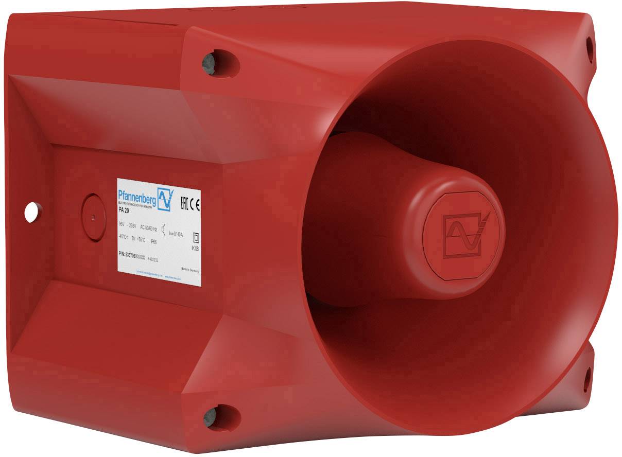 Roter Sirenenlautsprecher mit rechteckigem Gehäuse, geeignet für Alarmsysteme. Herstelleretikett mit Spezifikationen an der Seite.