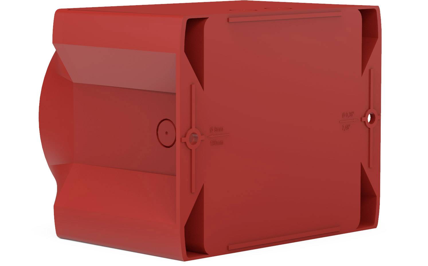 Rote, rechteckige Kunststoffbox mit strukturierten Kanten und kleinen Befestigungslöchern an den Ecken, ohne sichtbare Markenkennzeichnung.