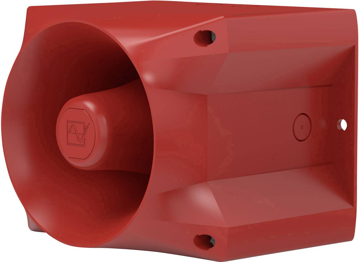 Rotes Alarmsignalgehäuse mit trichterförmigem Lautsprecher vorne sichtbar, Wandmontageöffnungen an den Seiten, geeignet für Innen- oder Außenalarm.
