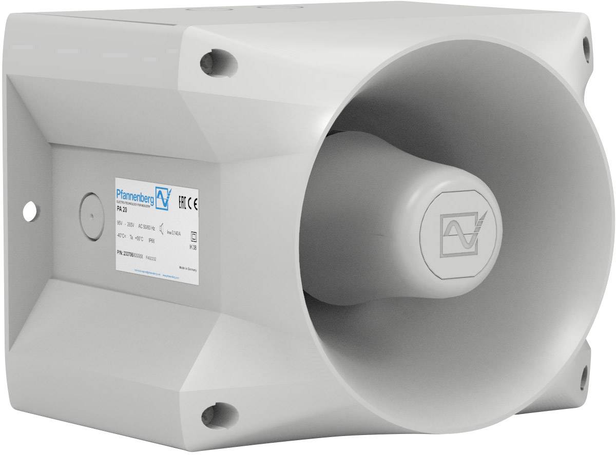 Weißer Hornlautsprecher mit rechteckigem Gehäuse, geeignet für laute Umgebungen, Marke auf Etikett sichtbar.