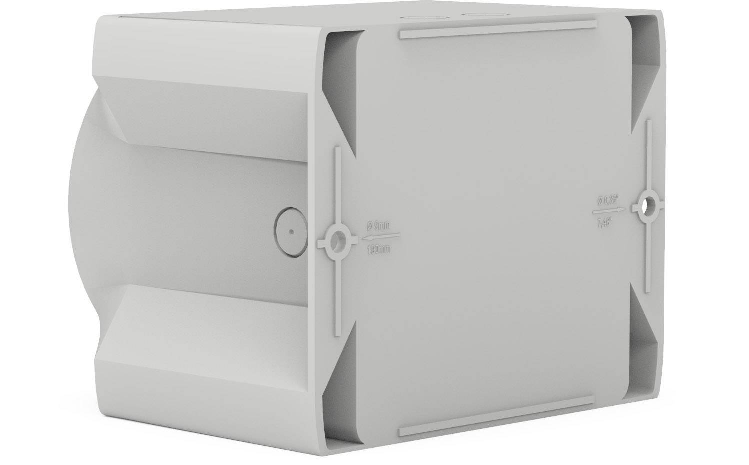 Ein rechteckiger, grauer Kunststoffkasten mit glatten Seiten und runden Befestigungsöffnungen an den Ecken.