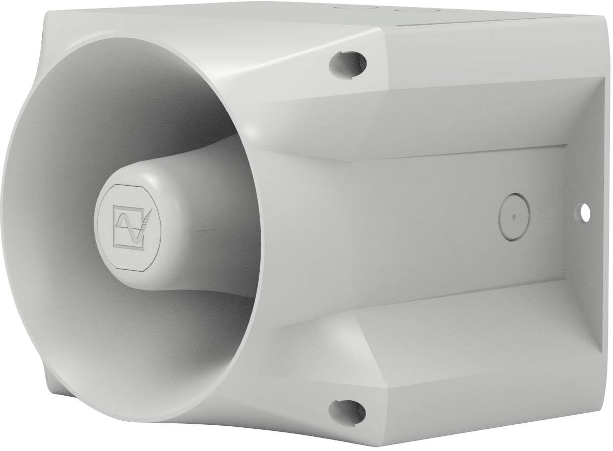 Grauer Lautsprecher in rechteckigem Gehäuse, seitliche Ansicht. Geeignet für PA-Anwendungen oder Alarmdurchsagen.