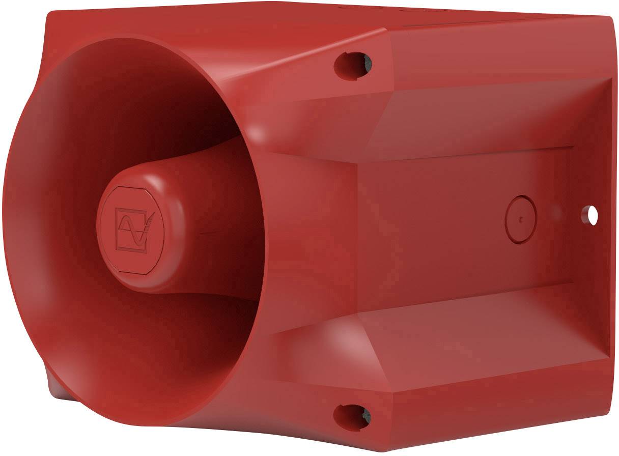 Rotes elektronisches Signalhorn für Alarmsysteme, mit lautem Schallausgang und Montagemöglichkeiten an der Wand.