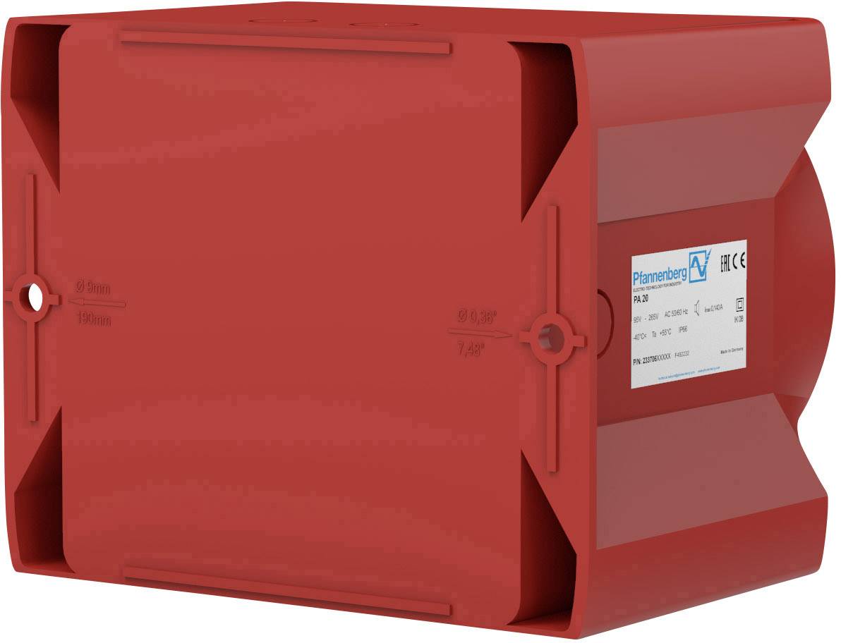 Rote Kunststoffverbindungsdose mit aufgeklebtem Etikett mit elektrischen Spezifikationen und CE-Kennzeichnung.