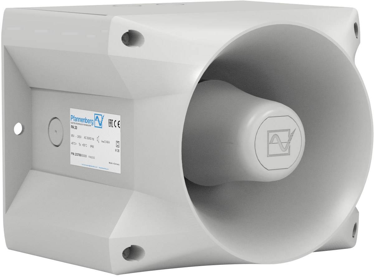 Ein grauer Lautsprecher an einer Wand, gekennzeichnet mit dem Logo und der Aufschrift 'Pfannenberg PA 15', geeignet für laute Umgebungen.