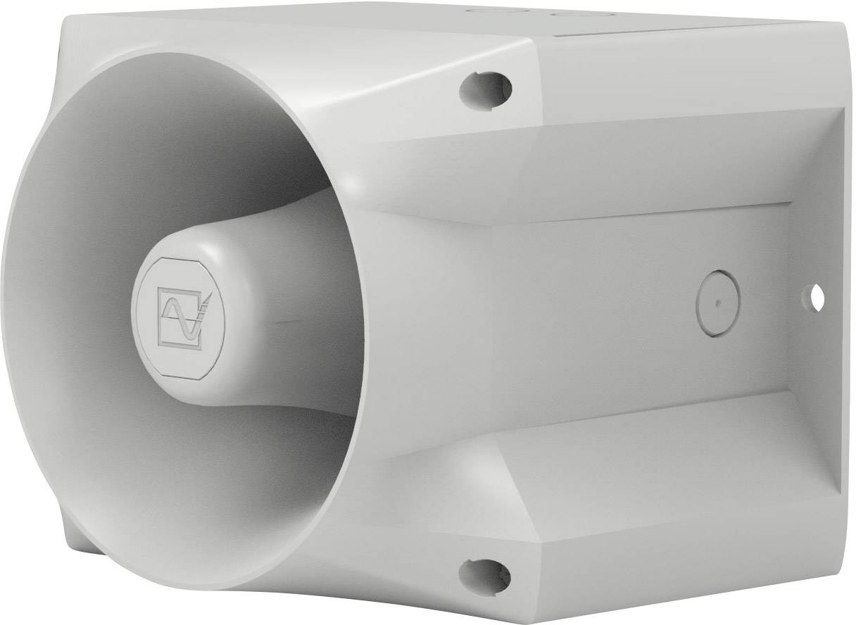 Grauer Lautsprecher mit Trichterform für Außenbereiche, zur Wandmontage geeignet.