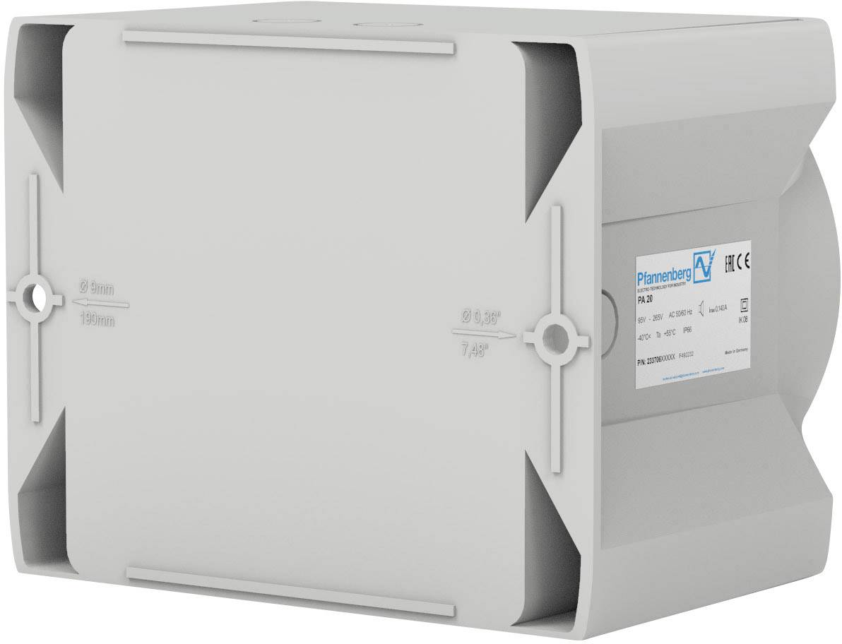 Grau-weißes Gehäuse eines elektrotechnischen Lüfters mit Herstelleretikett und technischen Spezifikationen an der Seite.