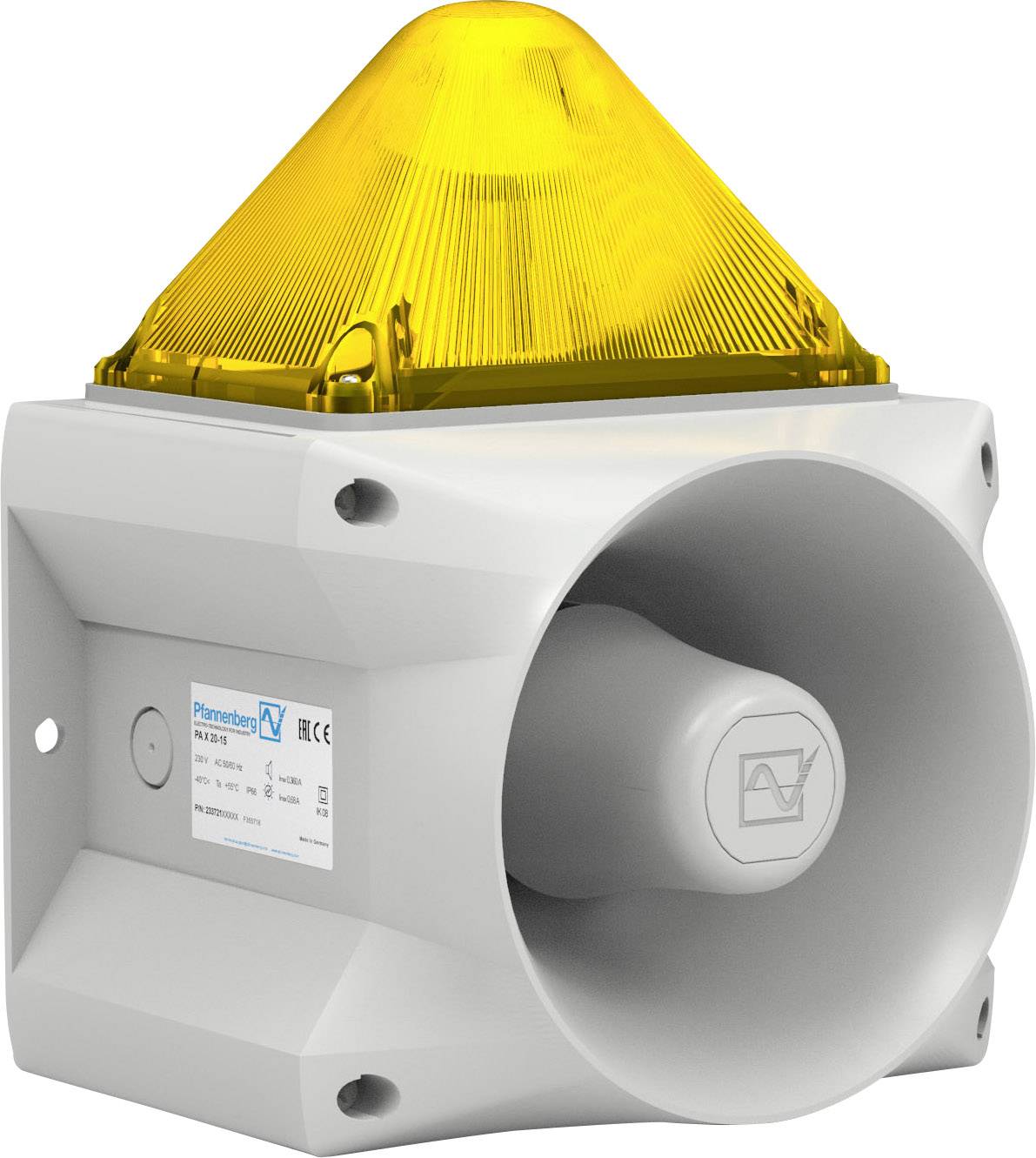 Ein weißer Industriewarngerät mit einem gelben Leuchtaufsatz. Das Gerät ist für akustische und visuelle Signale ausgelegt.