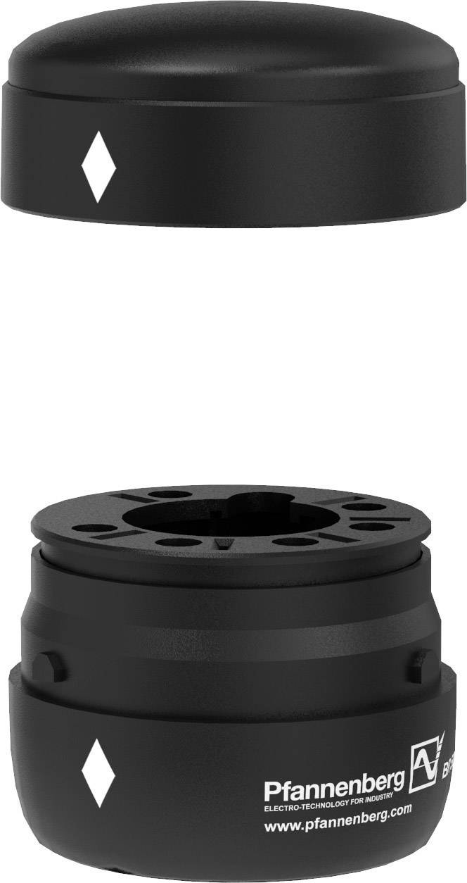 Schwarzer industrieller Signalaufsatz mit Aufsatz und Basis, beide mit weißen, rautenförmigen Symbolen. Logo und Website-URL sichtbar.