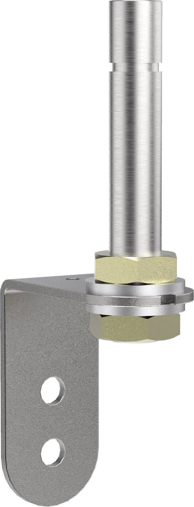 Metallwinkelverbinder mit senkrecht befestigtem zylindrischem Stift, umfasst von einer sechseckigen Mutter und Scheibe.
