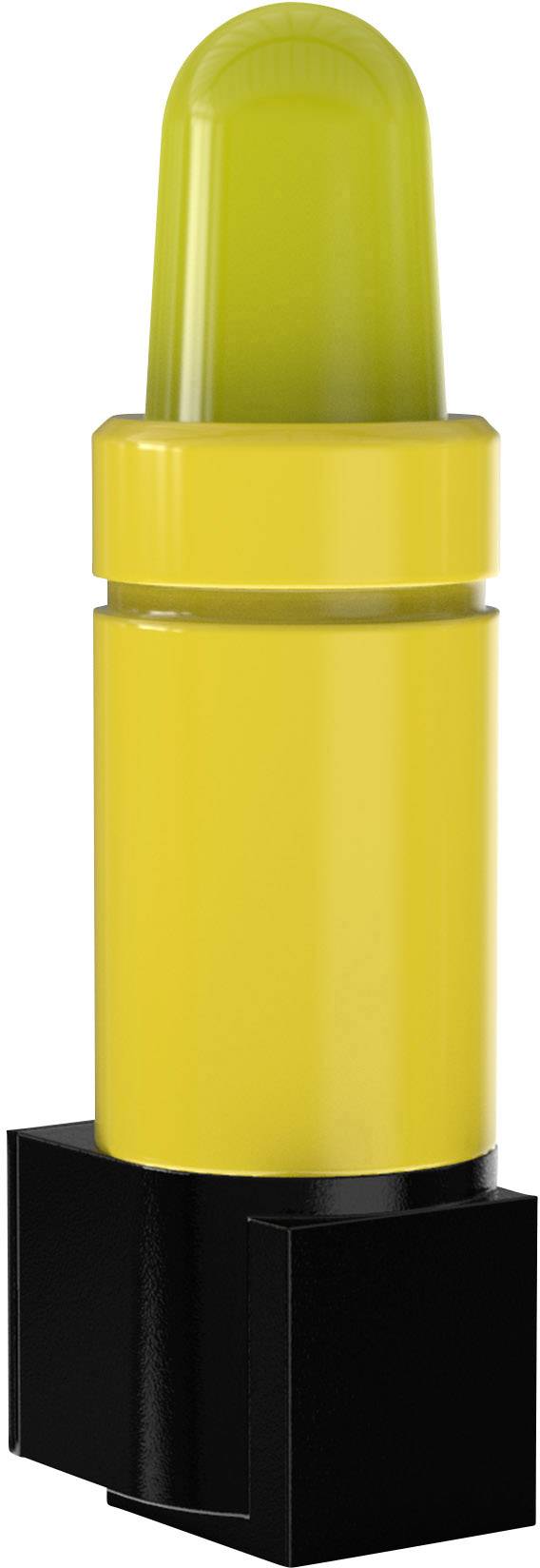 Gelber Spielzeuglippenstift mit schwarzem Sockel, geeignet für Kinder zum Spielen.