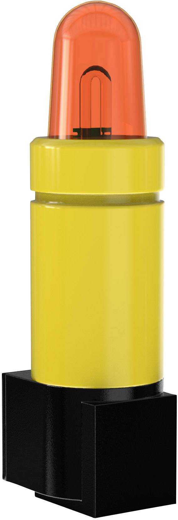 Eine gelbe Warnleuchte mit roter Kappe auf schwarzem Sockel.