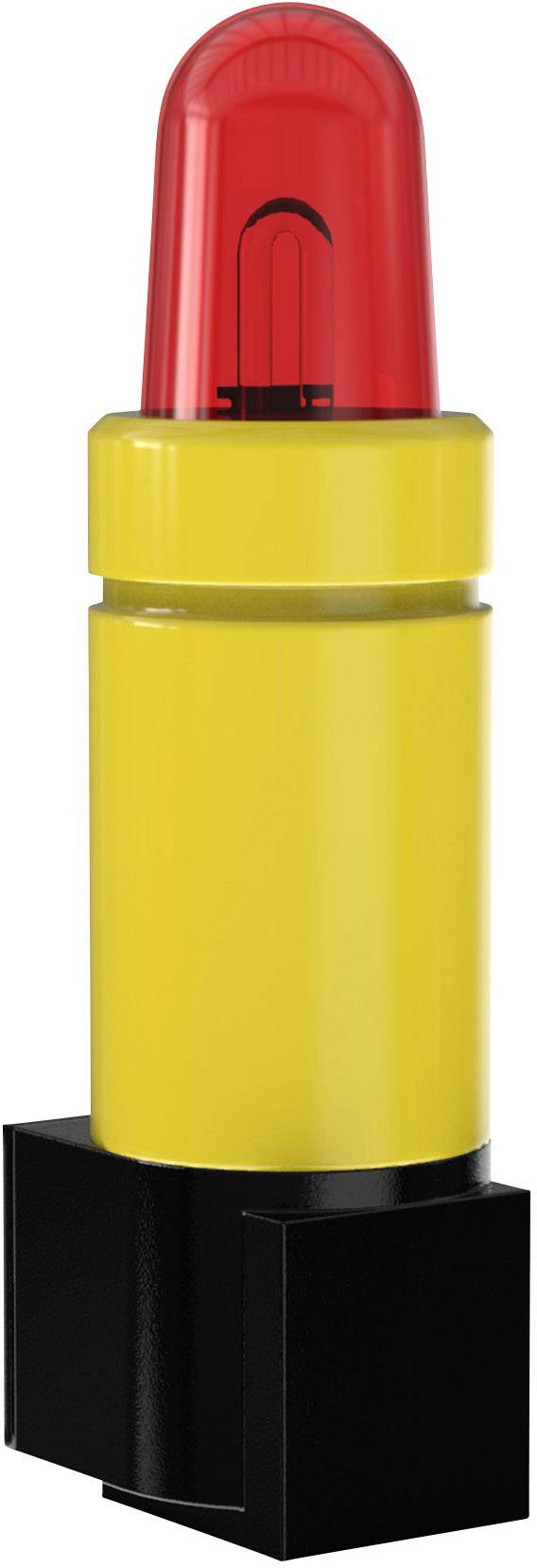 Ein gelber Stopfen in Form eines Lippenstifts mit rotem Deckel und schwarzer Basis, der an ein Spielzeug oder eine Designskulptur erinnert.