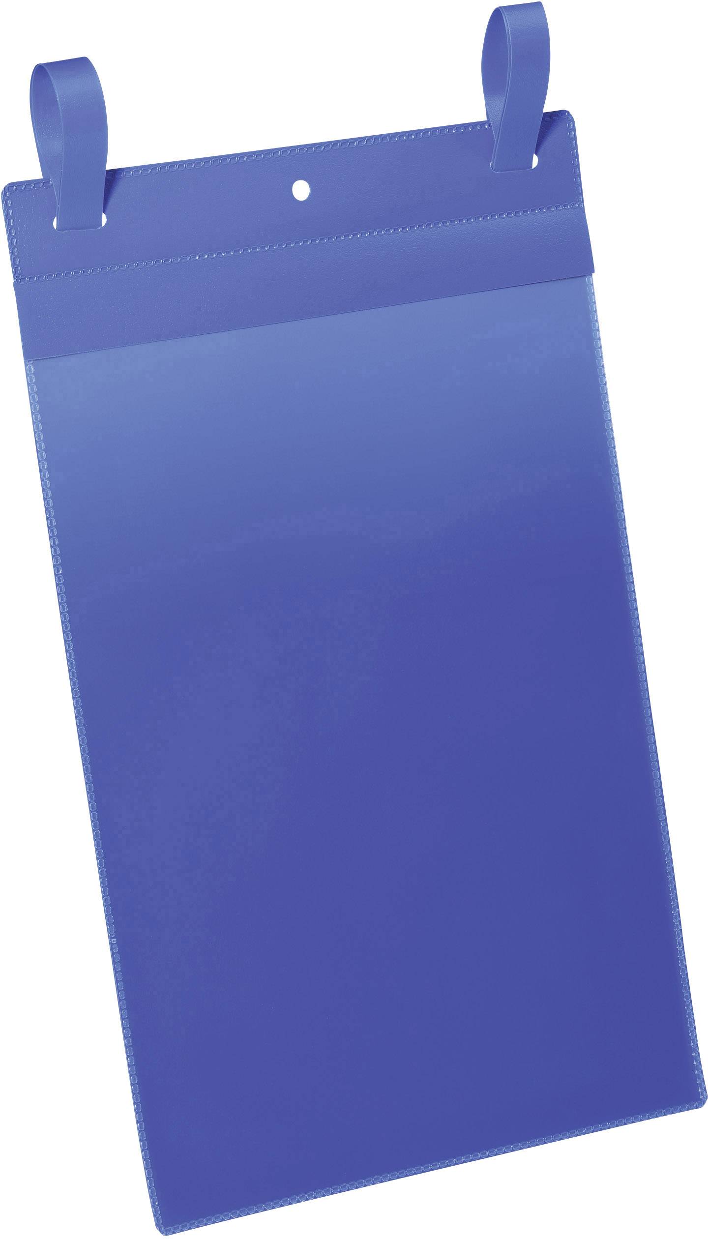 Ein blauer, rechteckiger Kunststoffbeutel mit zwei Schlaufen oben zur Befestigung oder Aufhängung.