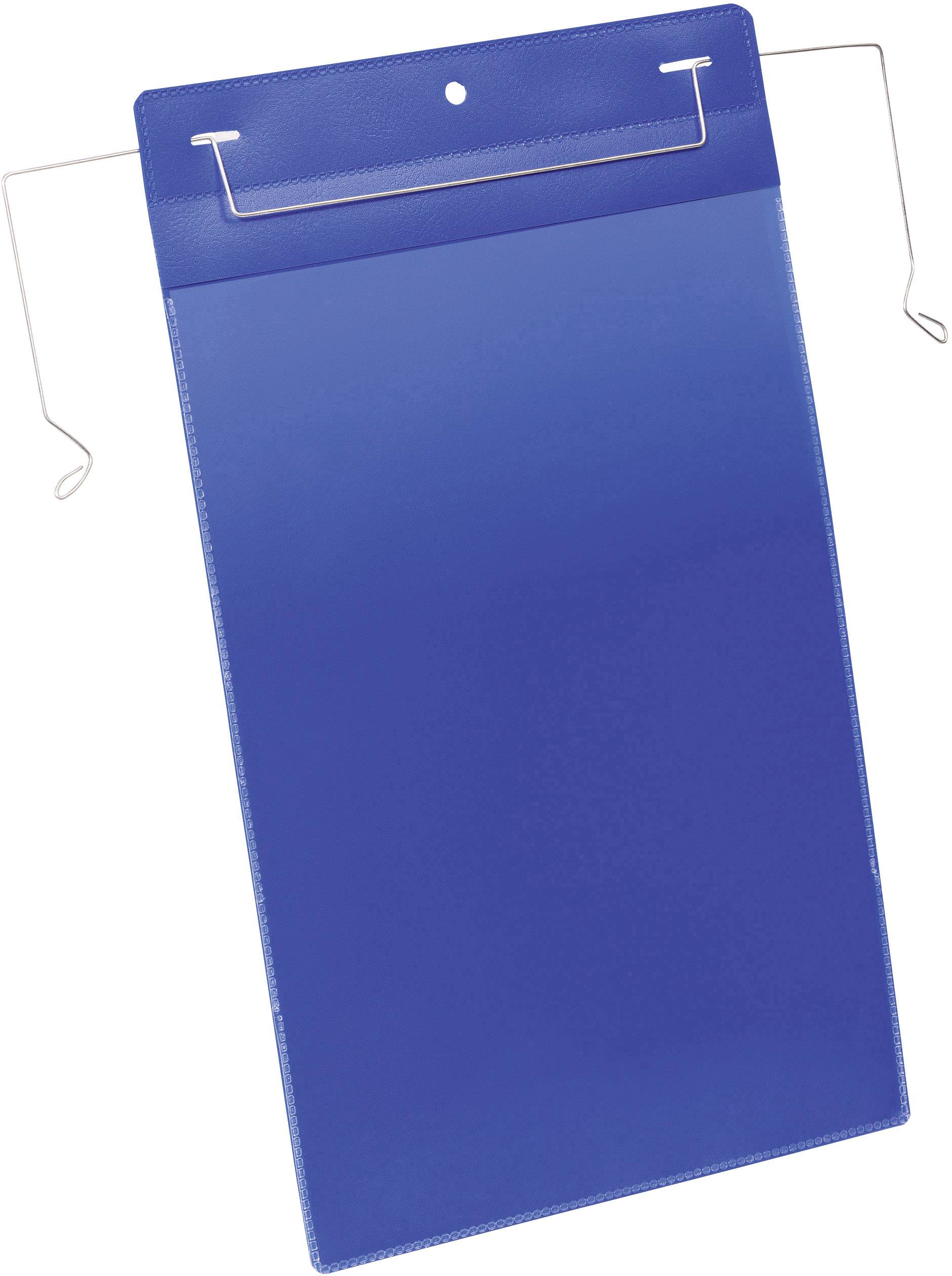 Blauer Aufhänger mit Metallbügeln, wahrscheinlich für das Aufbewahren oder Präsentieren von Dokumenten oder Plakaten.