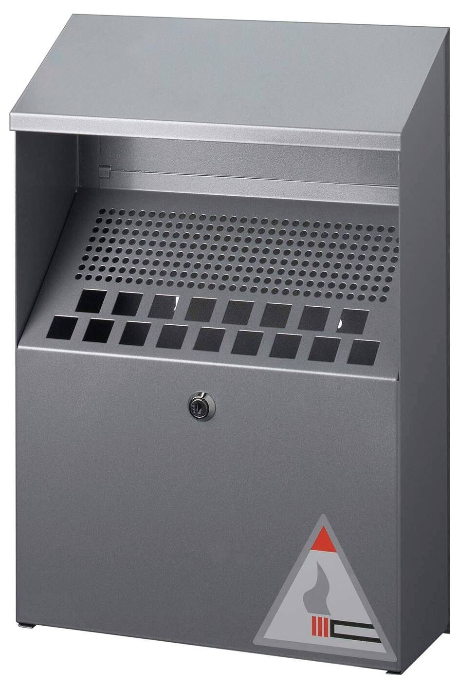 Metallischer Außenaschenbecher mit durchlöcherter Oberseite und quadratischen Öffnungen zum Entsorgen von Zigarettenkippen. Auf der Vorderseite wird ein Warnsymbol angezeigt.