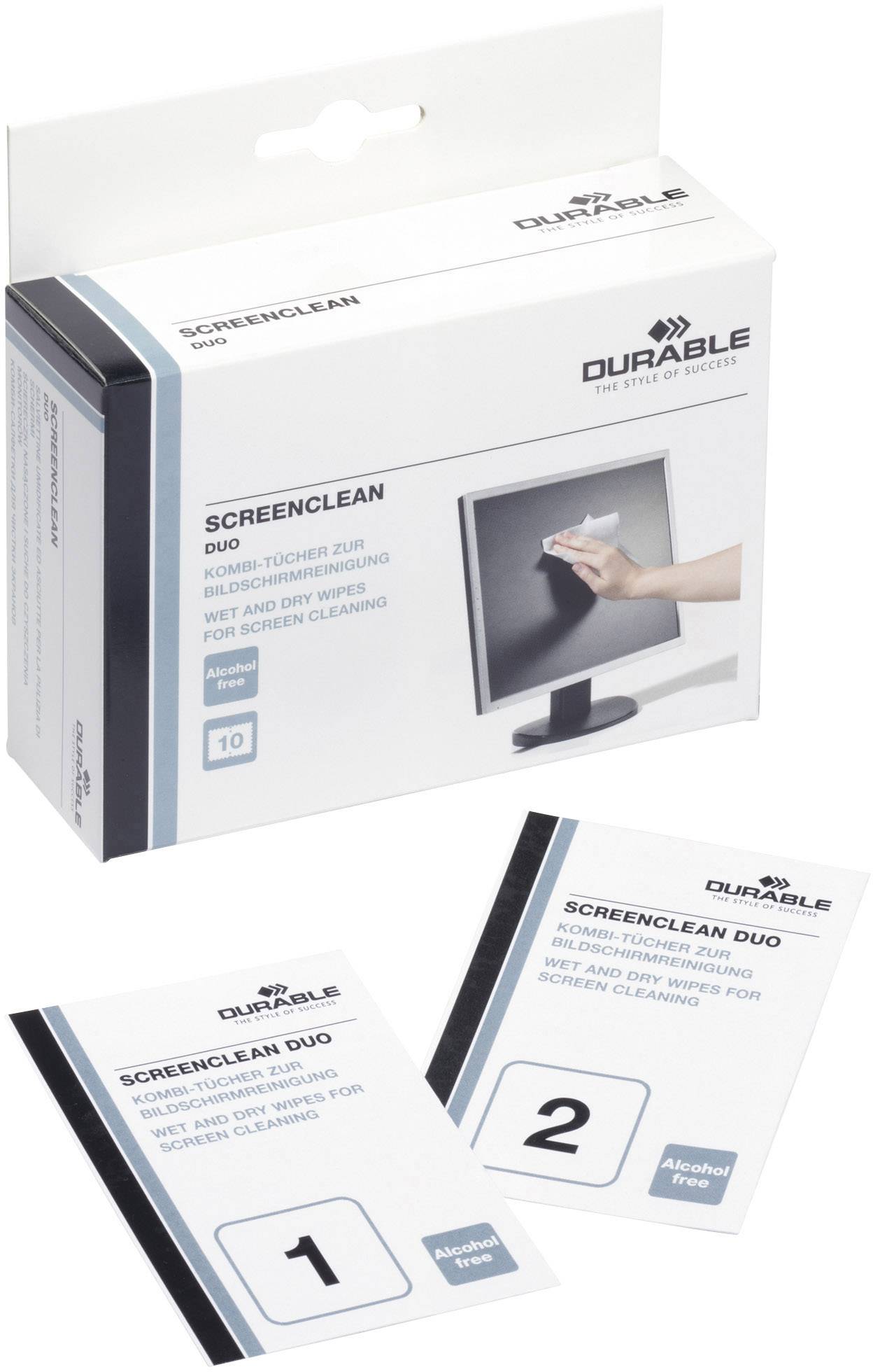 Reinigungstücher-Set 'Screenclean Duo' zum Säubern von Bildschirmen. Verpackung zeigt Anwendung, Einzelpackungen mit '1' und '2' beschriftet.