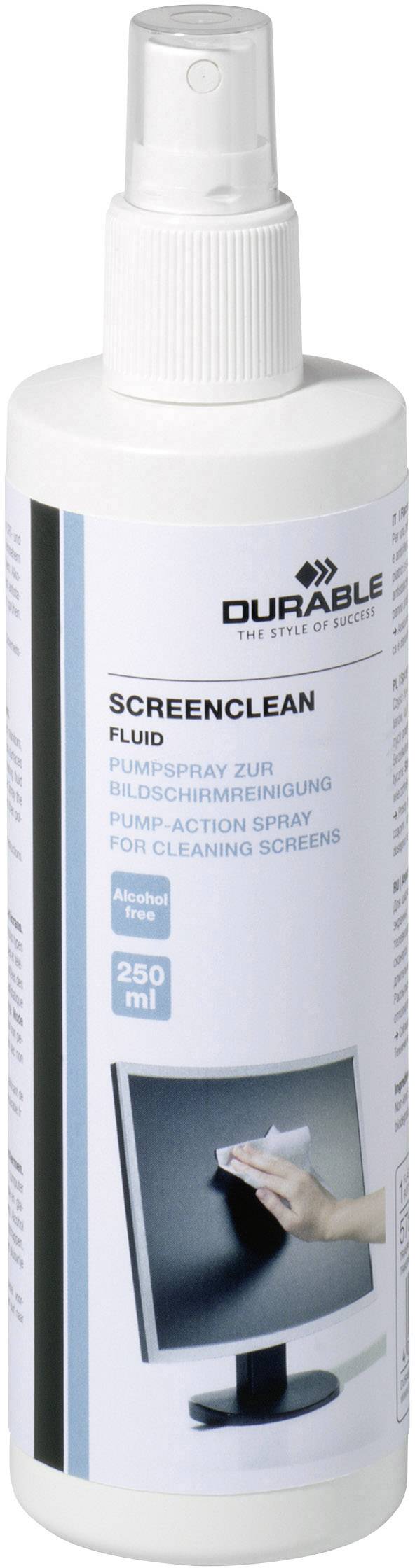 Reinigungsspray-Flasche für Bildschirme mit Etikett 'SCREEN CLEAN FLUID', geeignet für Monitore, Inhalt: 250 ml.