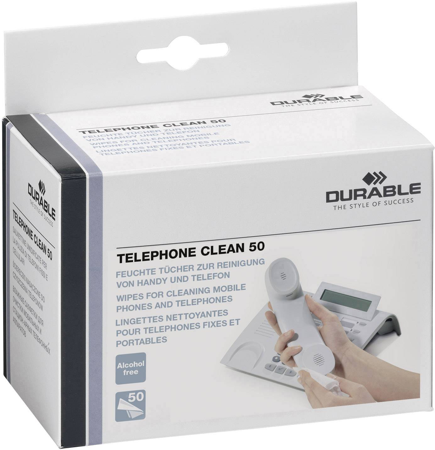 Verpackung für 'TELEPHONE CLEAN 50': Feuchte Tücher zur Reinigung von Handys und Telefonen. Alkohol frei, geeignet für verschiedene Modelle.
