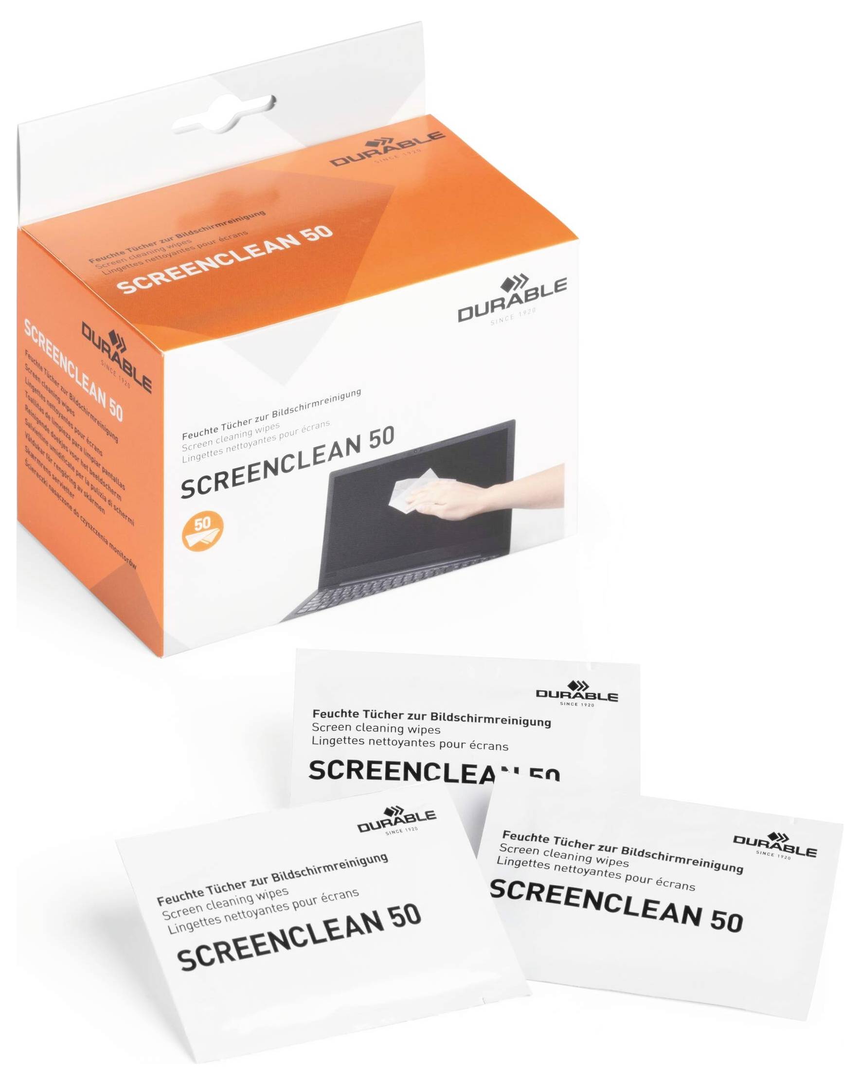 Langlebige Screenclean 50' Reinigungstücher für Bildschirme, dargestellt mit drei Beuteln vor einer offenen Box.