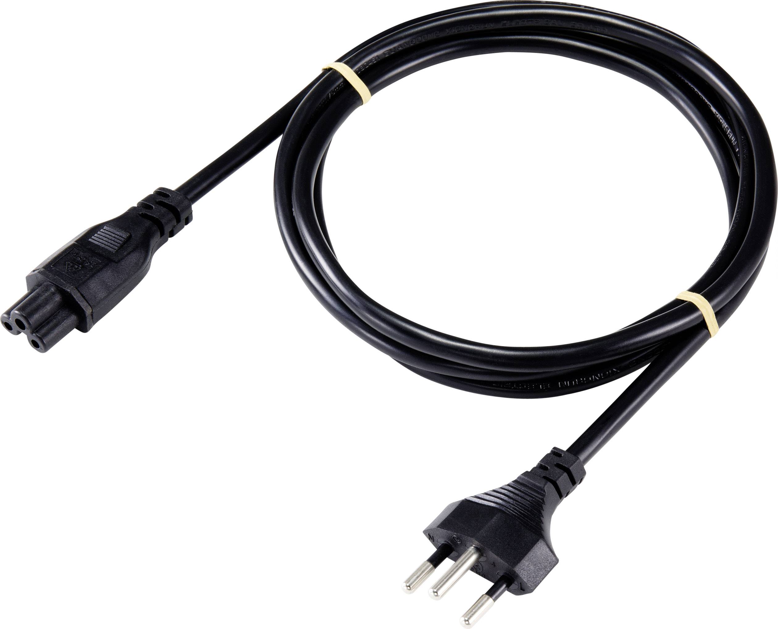 Schwarzes Netzkabel mit dreiadrigem Stecker und Buchse. Eignet sich zur Stromversorgung elektronischer Geräte.