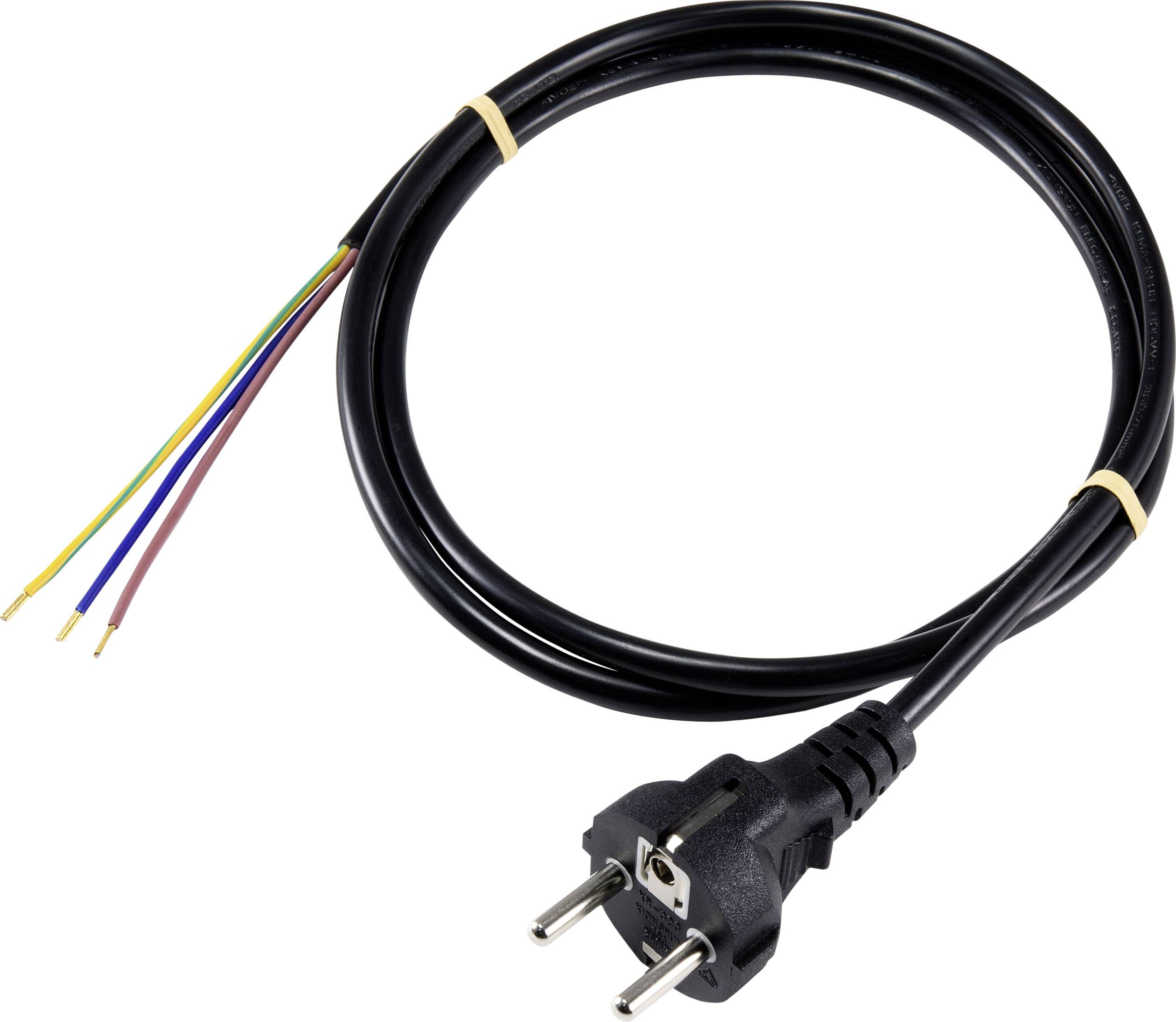 Ein schwarzes Stromkabel mit einem Stecker an einem Ende und vier freiliegenden Drähten in den Farben gelb, blau, rot und braun am anderen.