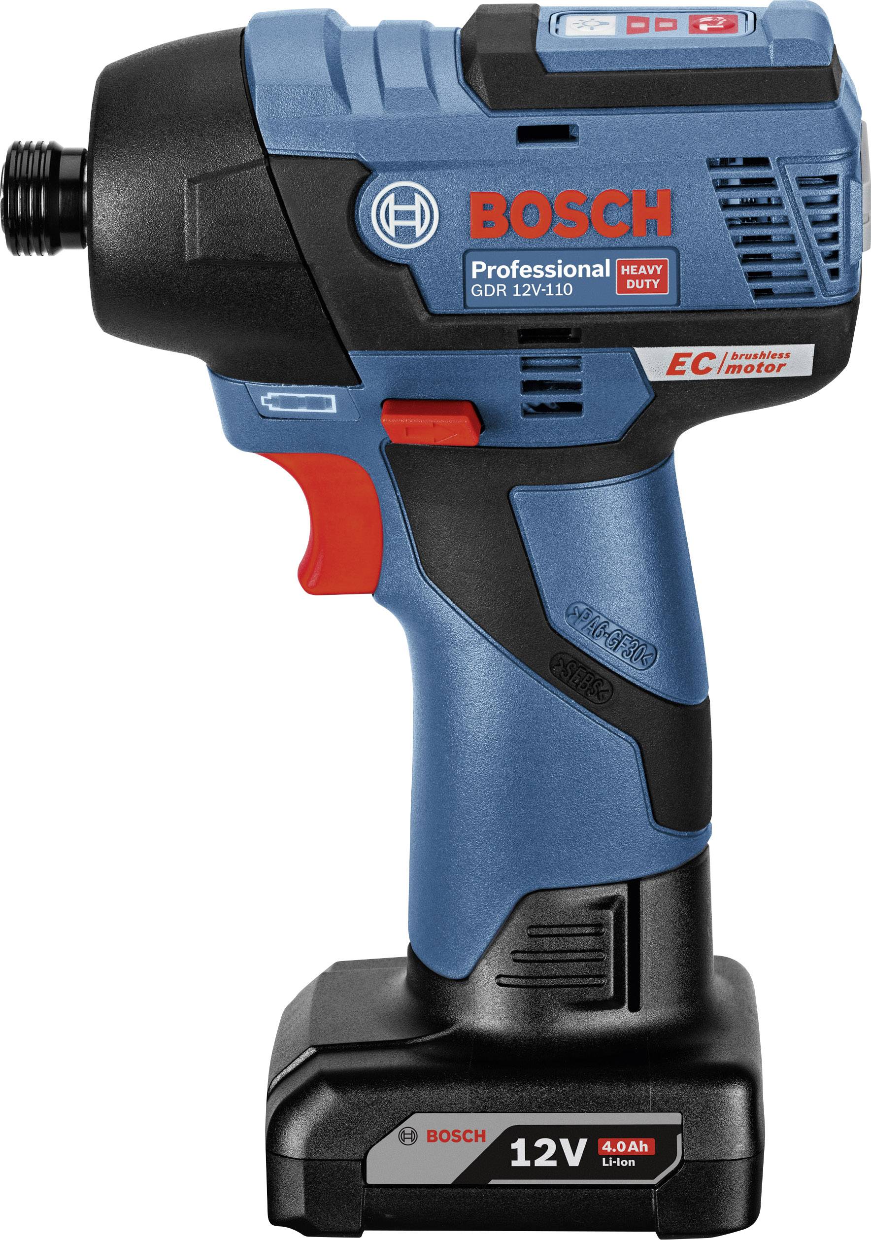 Akkuschlagschrauber Bosch GDR 12V-110, blau-rot Design, 12V, Heavy Duty Modell, mit ergonomischem Griff und kompakter Bauform.