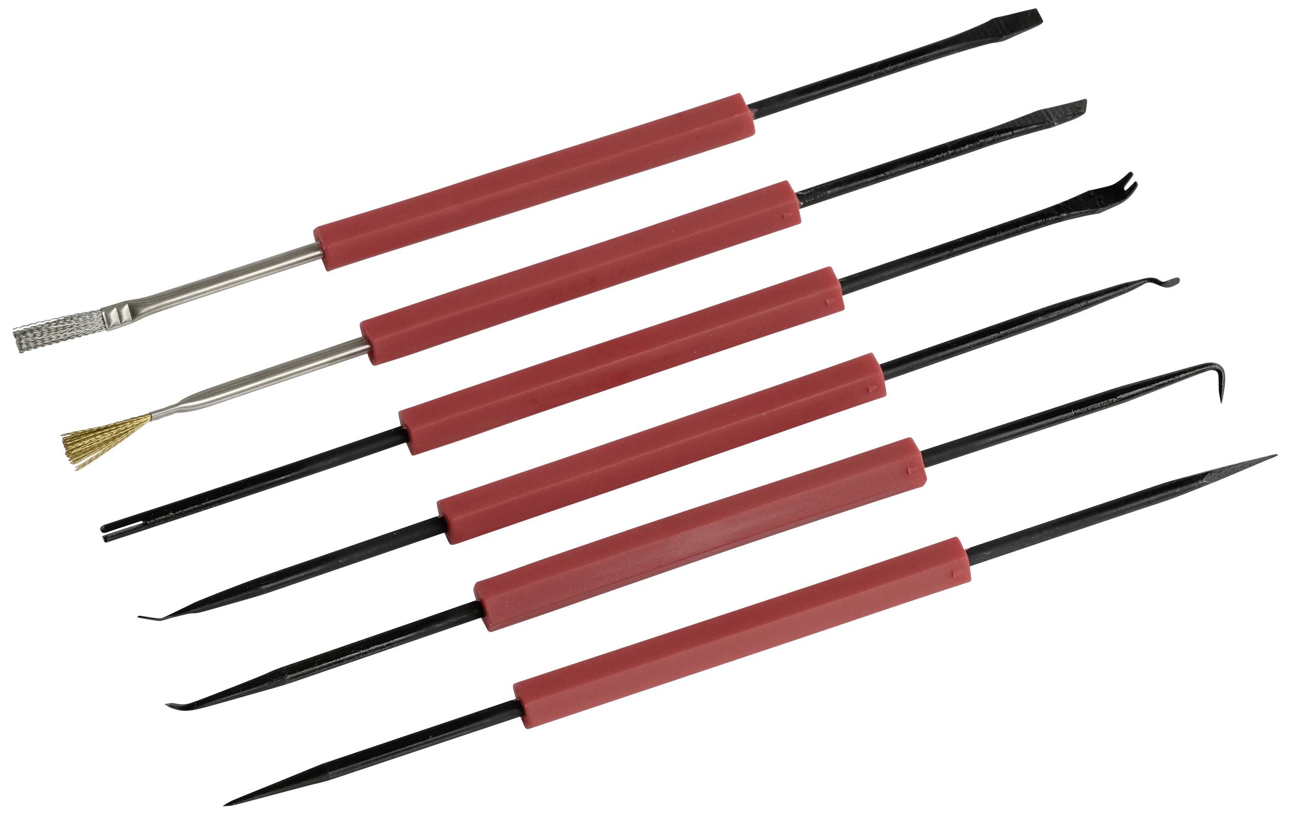 Sechs rote Präzisionswerkzeuge auf weißem Hintergrund. Jedes Werkzeug hat unterschiedliche Spitzen für feine Arbeiten.