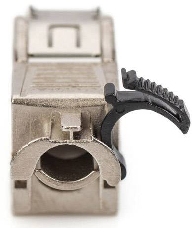 Ein silberner Anschlussstecker mit einem schwarzen Hebel, der für Netzwerkkabel verwendet wird, frontal abgebildet.