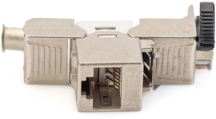 Metallener RJ45-Stecker mit abgerundeten Ecken, offen, zeigt den inneren Aufbau und die Anschlusskontakte.
