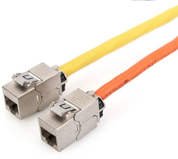 Zwei Ethernet-Kabel mit orangefarbenem und gelbem Schutzmantel, die in metallene Steckergehäuse enden.
