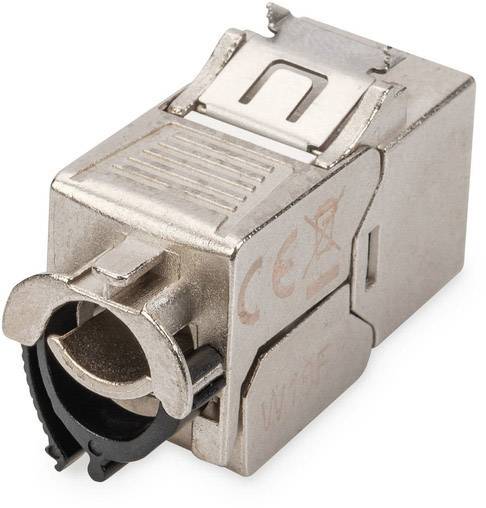 Metallischer RJ-45-Netzwerkstecker mit Schutzklappe und sichtbaren CE-Symbolen, geeignet zur sicheren Ethernet-Verbindung.
