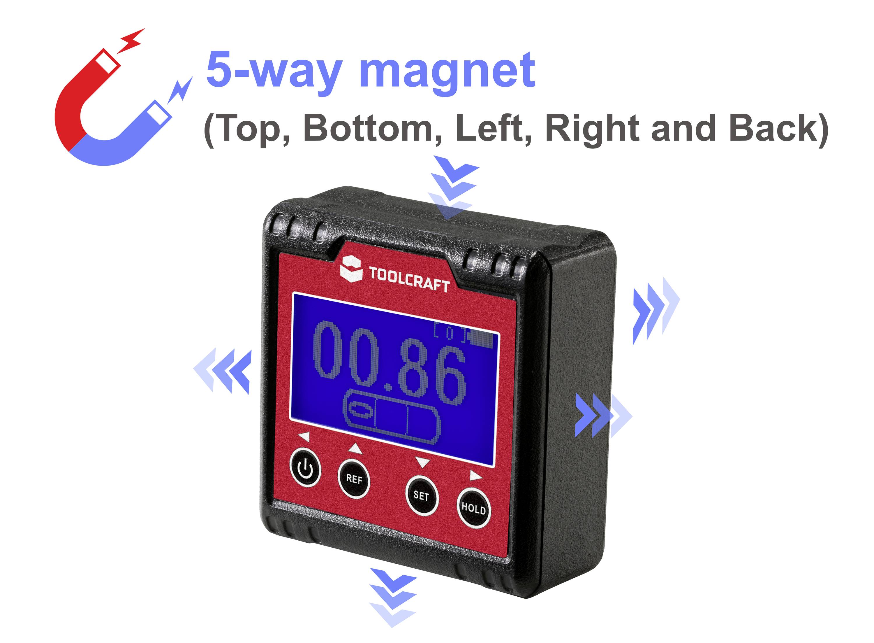 Ein digitales Neigungsmessgerät mit einem 5-Wege-Magneten zur Befestigung. Zeigt auf dem Display den Wert 0,86 an.
