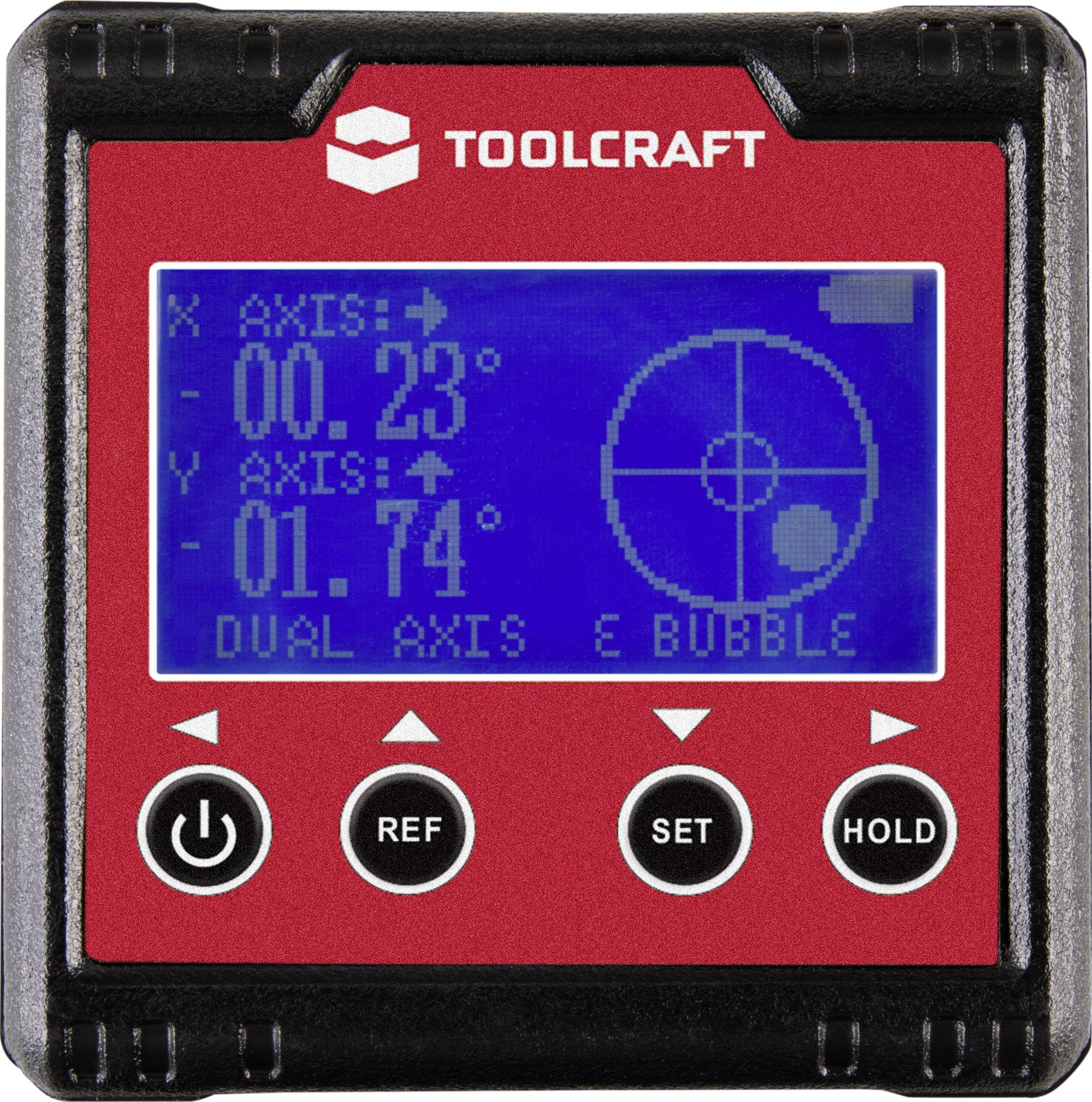 Digitaler Neigungsmesser mit rot-blauem Display zeigt X-Achse 0,23° und Y-Achse 1,74°. Knöpfe: REF, SET, HOLD. Marke: Toolcraft.