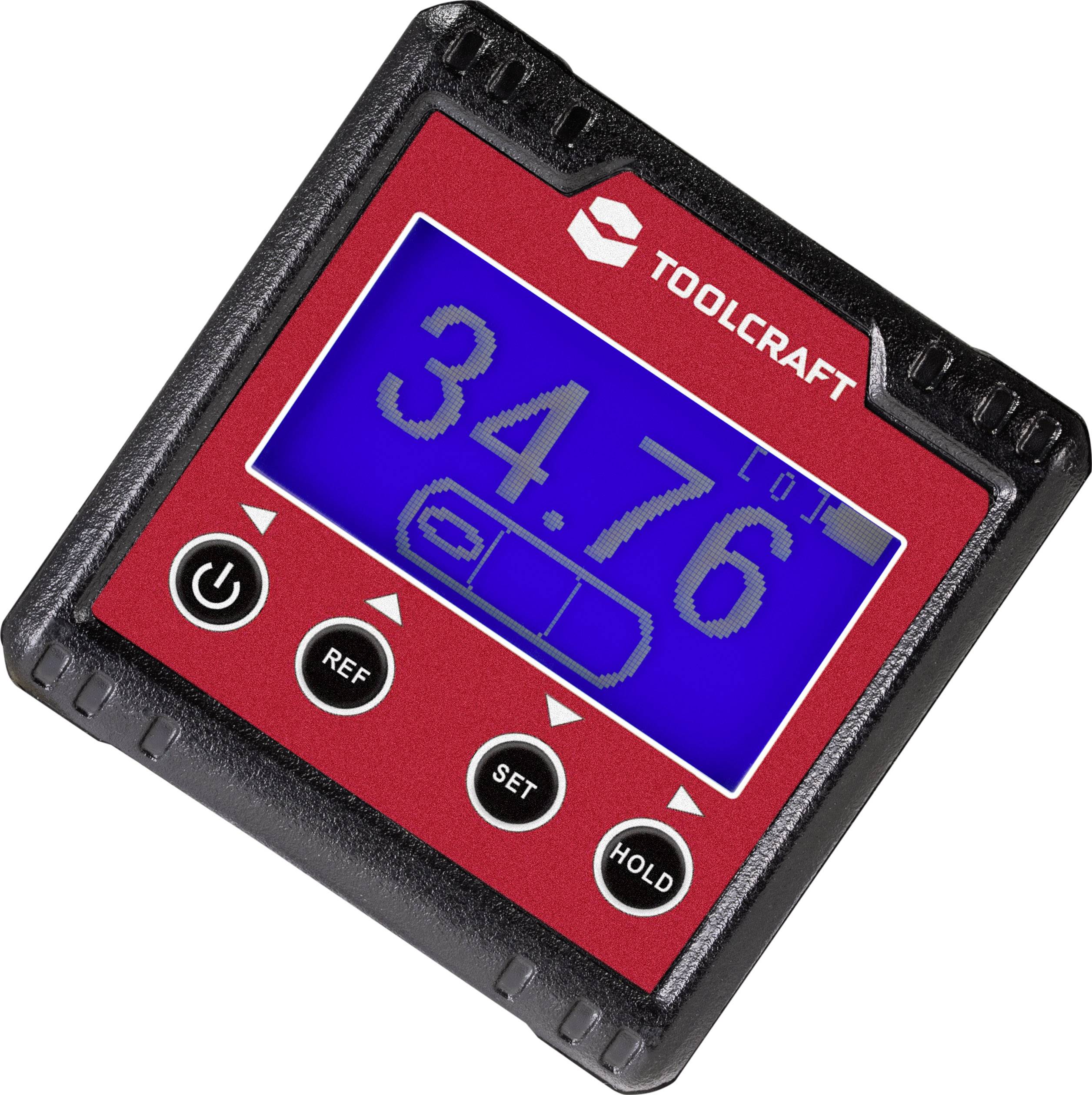 'Toolcraft' digitales Neigungs- und Neigungsmessgerät mit blauem Display zeigt Neigung von 34,76 Grad. Tasten für Referenz, Set und Halten.