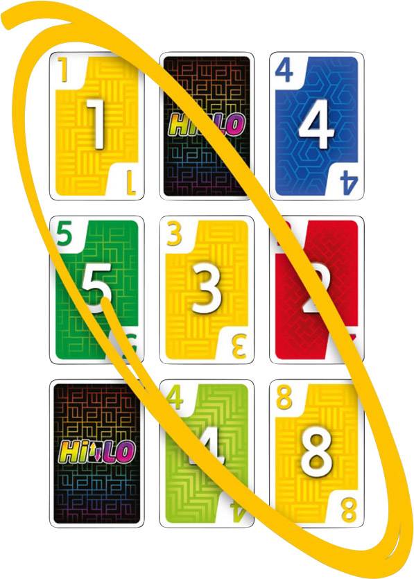 Spielkarten mit Zahlen von 1 bis 8 in verschiedenen Farben. Eine gelbe Linie umkreist einige Karten. Name des Spiels: 'Hi-Lo'.