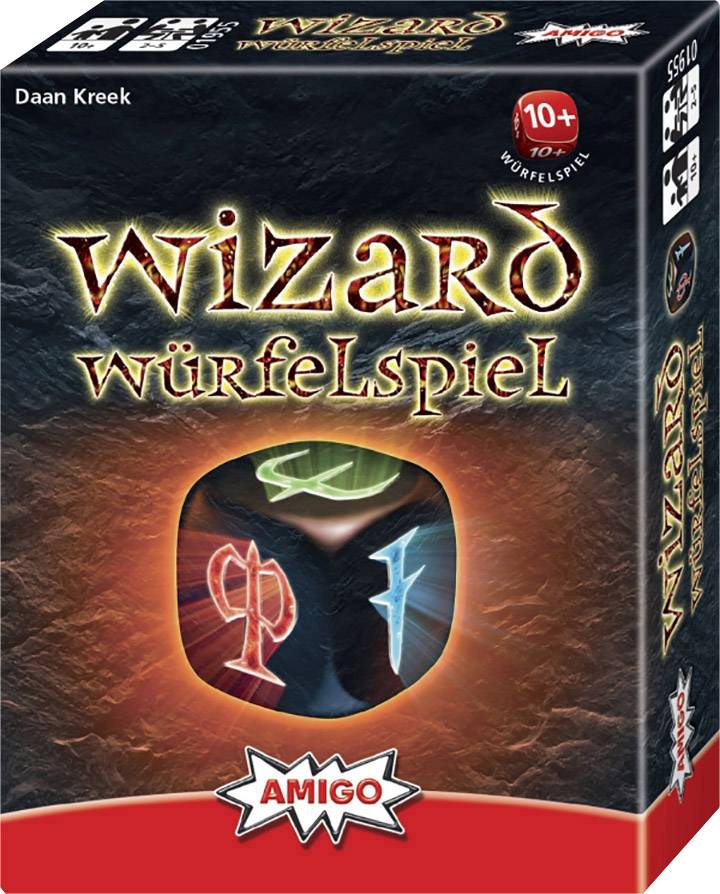 Würfelspiel 'Wizard' von Amigo für Spieler ab 10 Jahren. Verpackung zeigt einen bunten Würfel.