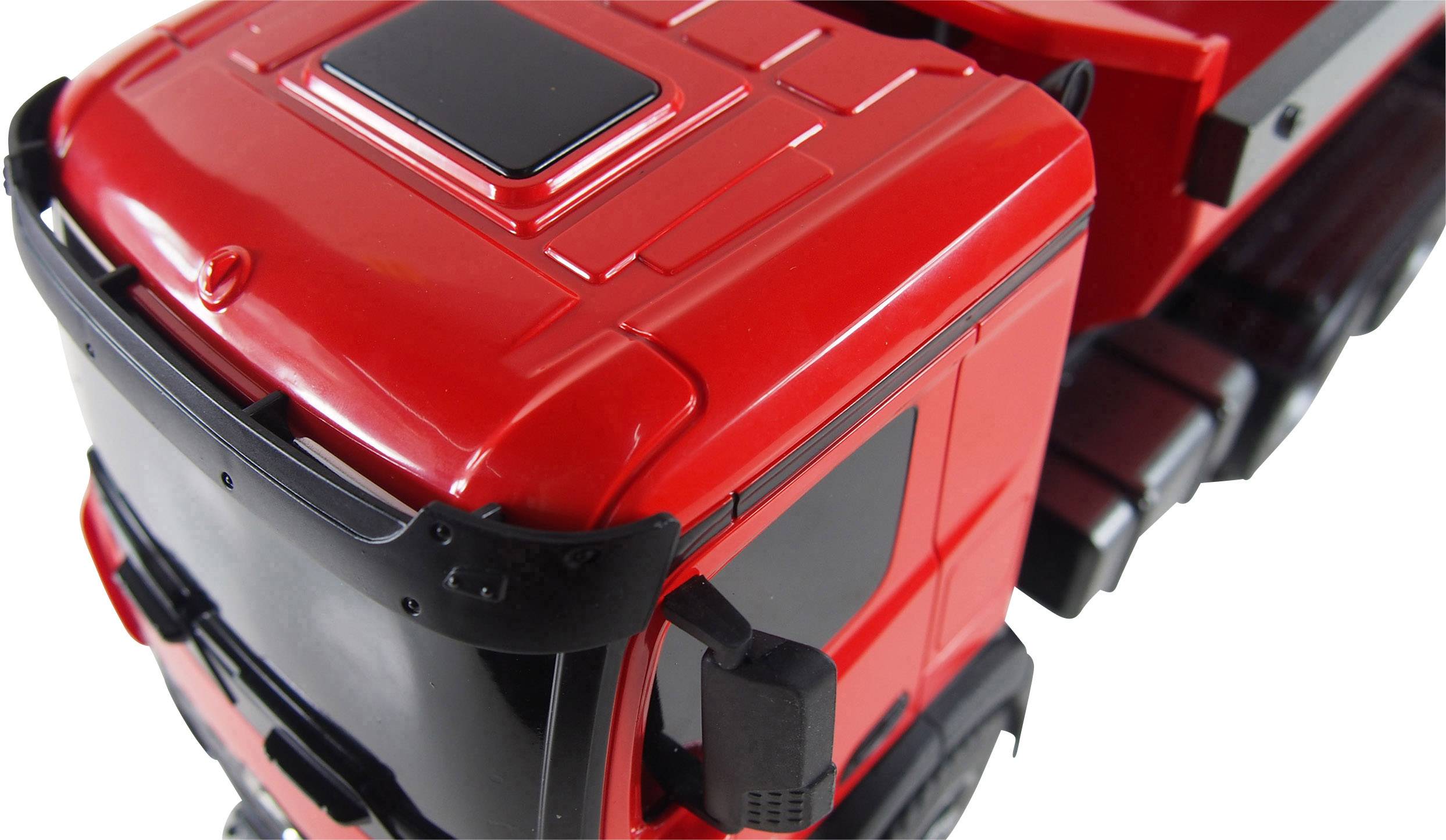 Roter Modell-Lastwagen, Kabine mit schwarzen Fenstern und Details, aus Kunststoff.