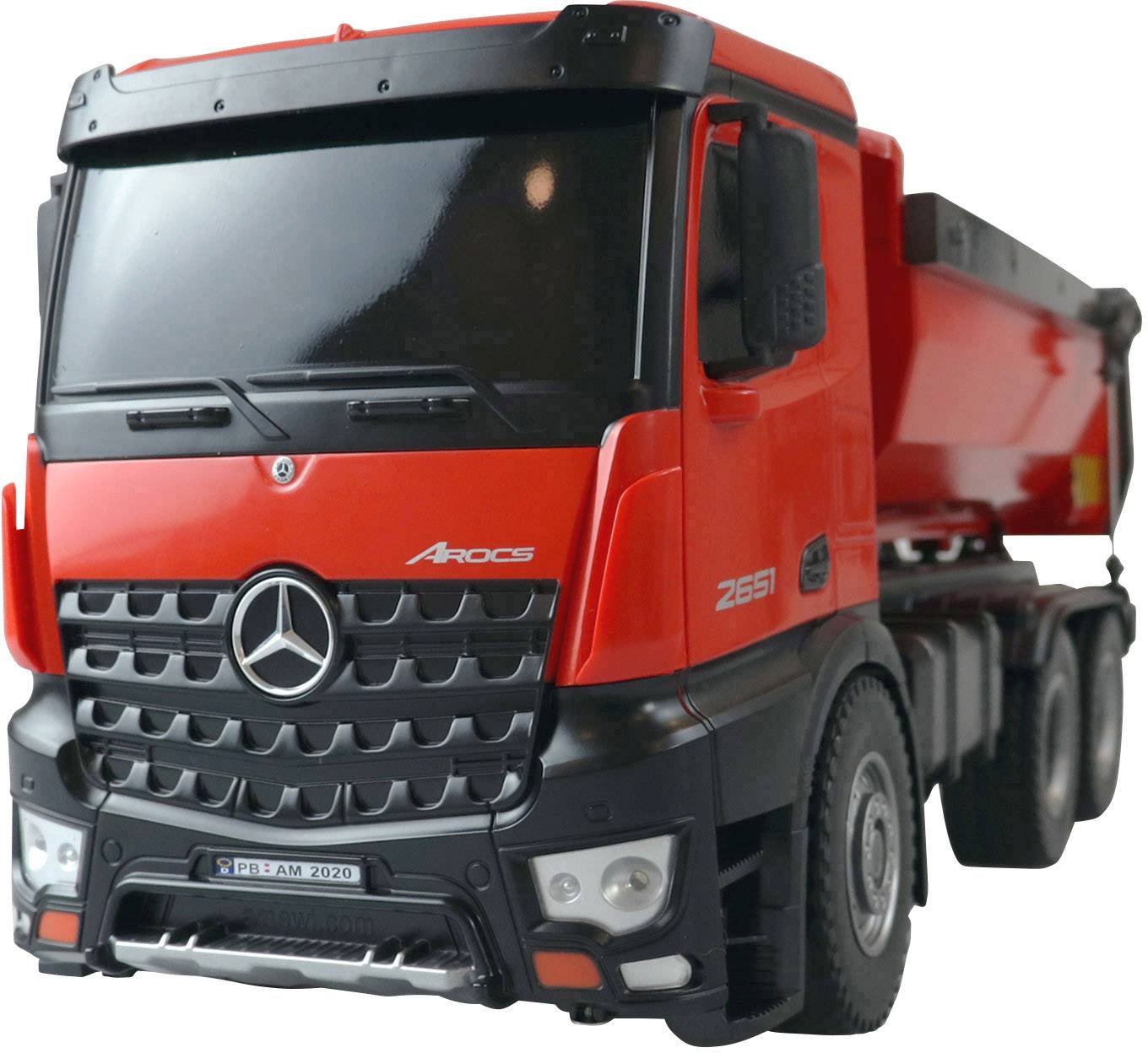 Roter Mercedes-Benz Arocs Kipp-LKW-Spielzeug mit detaillierter Frontansicht.