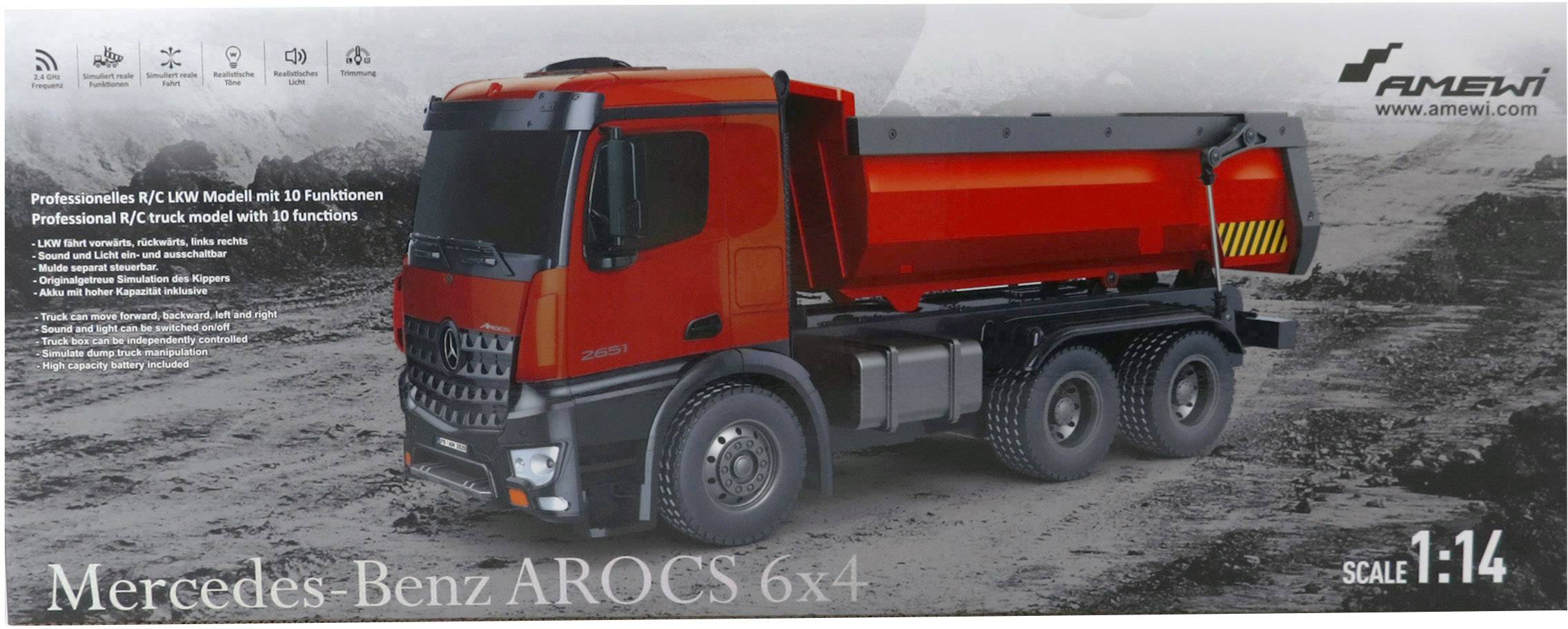 Roter Mercedes Benz AROCS 6x4 Spielzeugmodell im Maßstab 1:14. Professionelles RC LKW Modell mit 10 Funktionen.