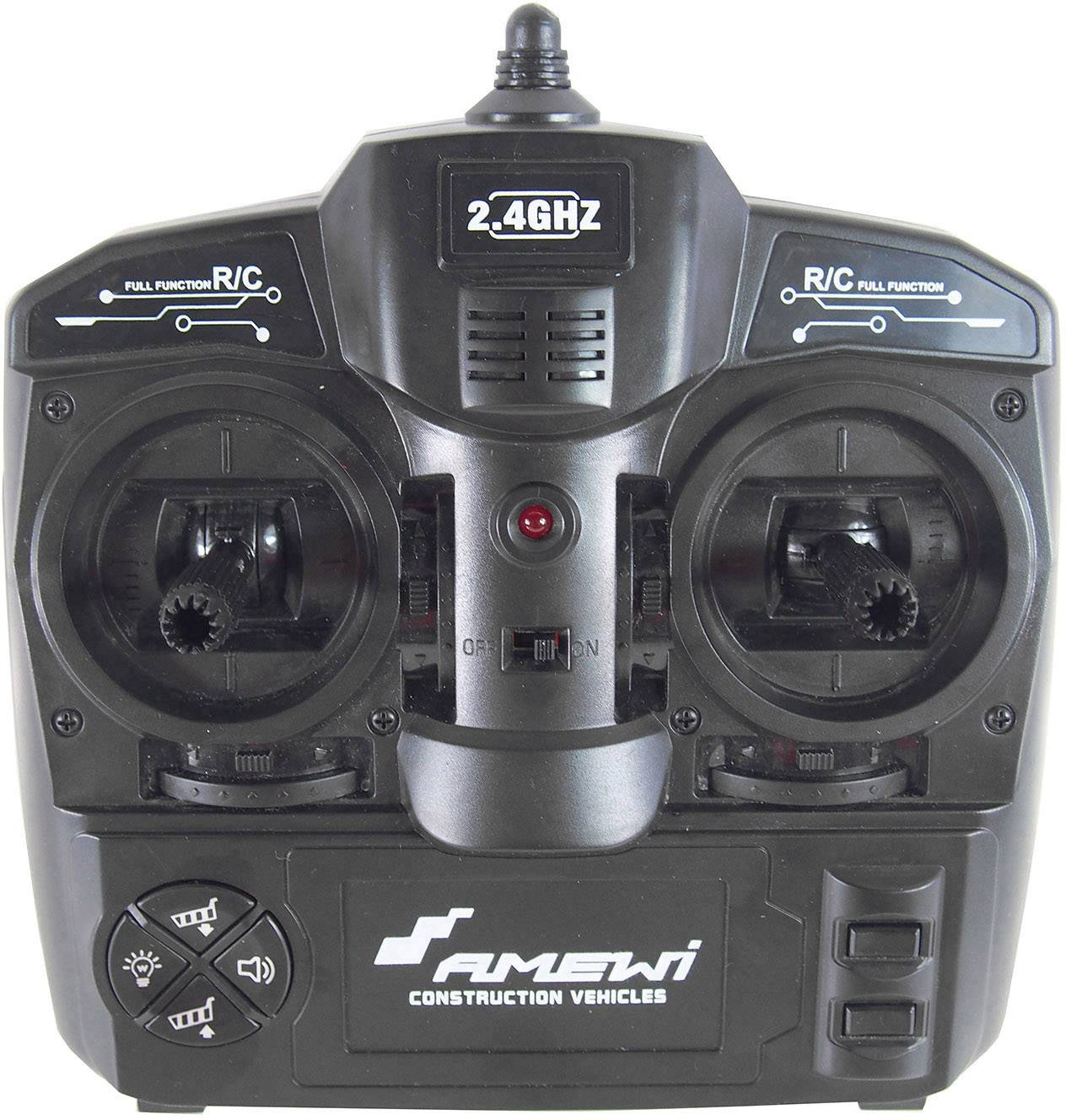 Ferngesteuerter Controller mit zwei Joysticks und verschiedenen Tasten zur Steuerung von Baugeräten. Aufschrift: 'Amewi Construction Vehicles'.