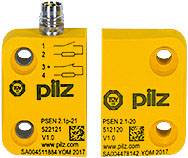 Gelber Sensor von Pilz, Modell PSEN 2.1-20, mit mehreren Anschlüssen und Aufschrift 'pilz' sowie Schaltplanskizze auf der Oberfläche.