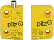 Gelber Sicherheitsschalter von Pilz mit Symbolen und Nummern. Aufschrift 'pilz' und TÜV-Zeichen sichtbar.