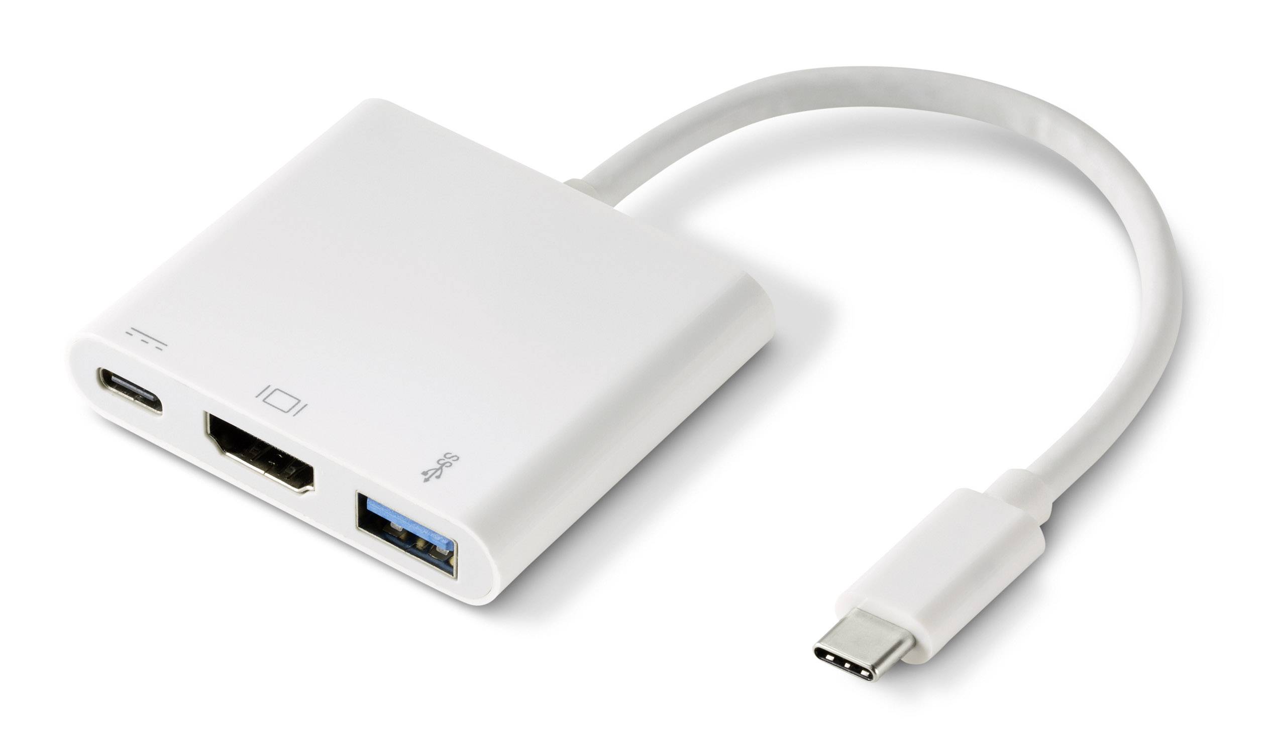 Ein weißer USB-C-Hub mit Anschlüssen für USB, HDMI und USB-C. Kurzes Kabel für Verbindung mit Geräten.