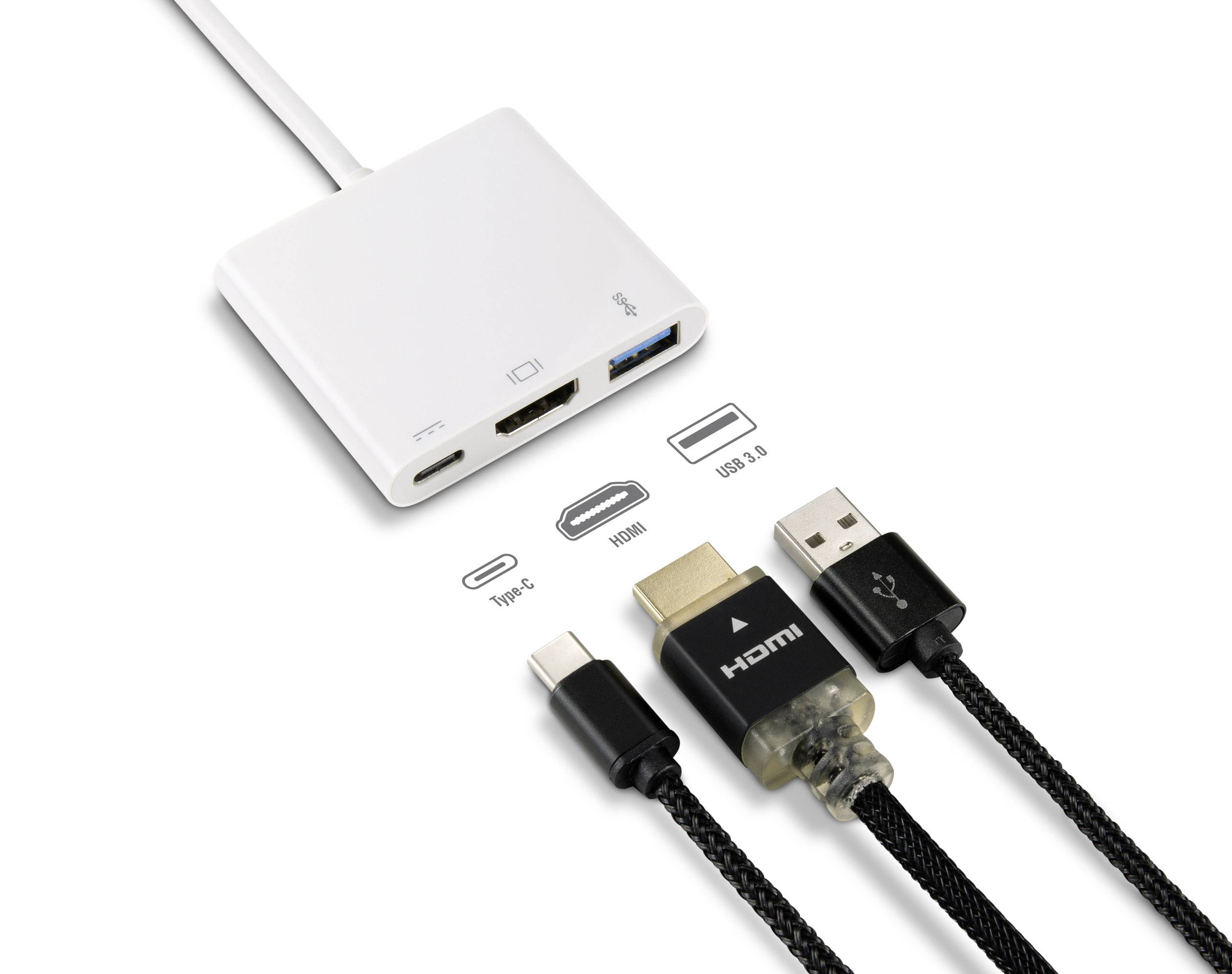 Renkforce RF-4366444 Adapter [1x USB-C® Stecker - 1x HDMI-Buchse, USB 3.2 Gen 1 Buchse A (USB 3.0), USB-C® Buchse] Weiß