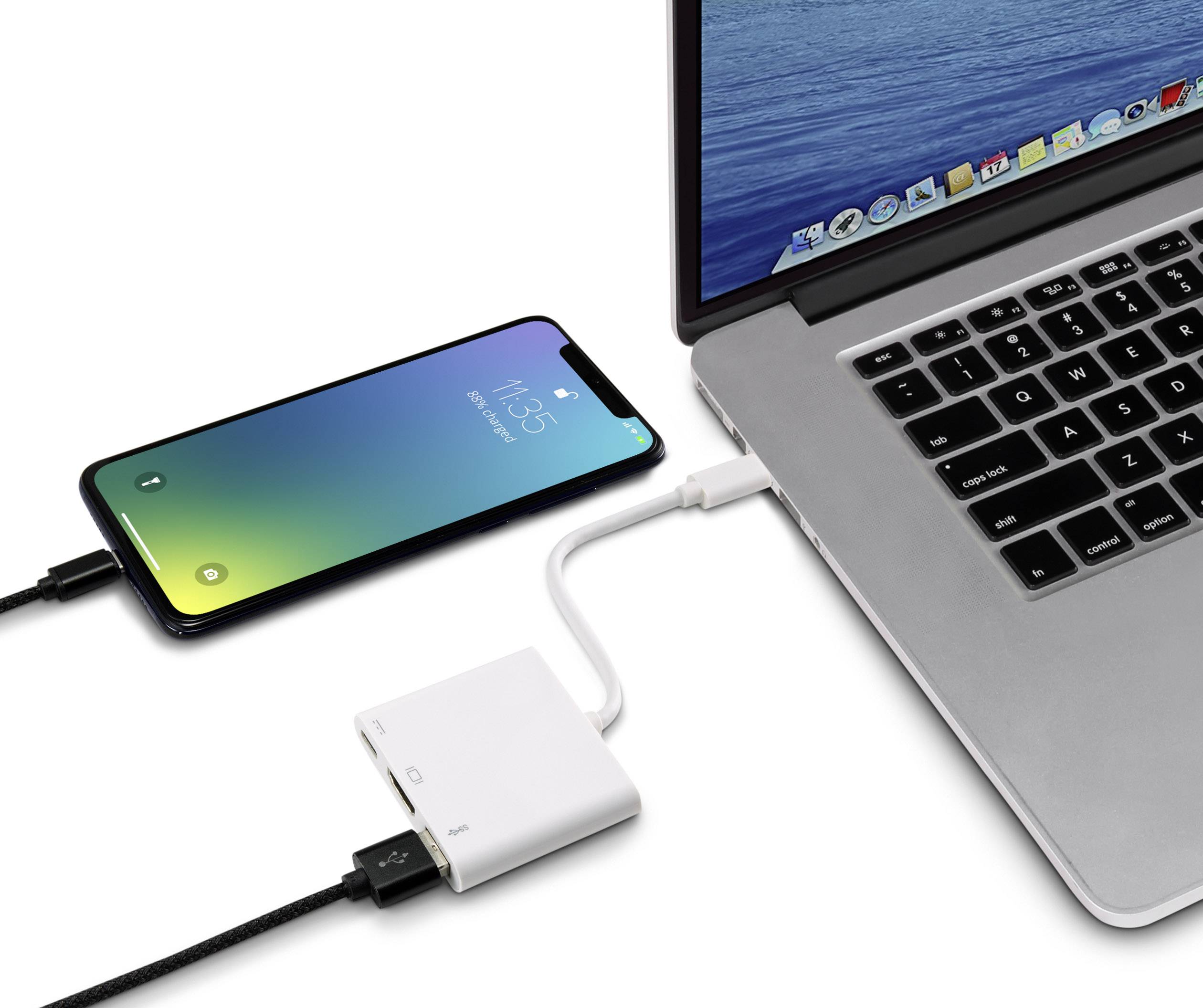 Renkforce RF-4366444 Adapter [1x USB-C® Stecker - 1x HDMI-Buchse, USB 3.2 Gen 1 Buchse A (USB 3.0), USB-C® Buchse] Weiß