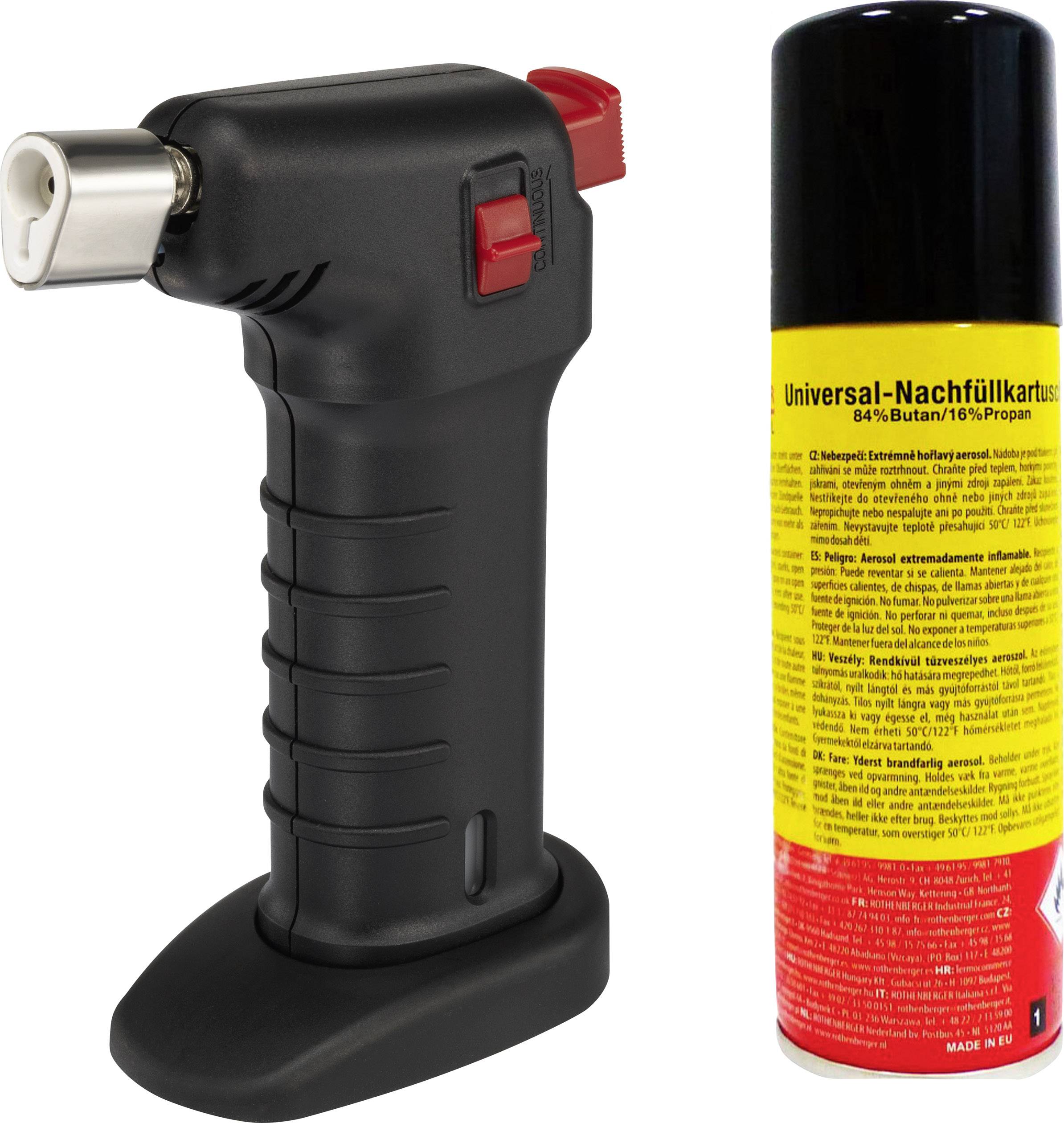 Ein schwarzer Gasbrenner mit roter Taste und eine Nachfüllkartusche für Butan-Propan-Gemisch stehen nebeneinander.