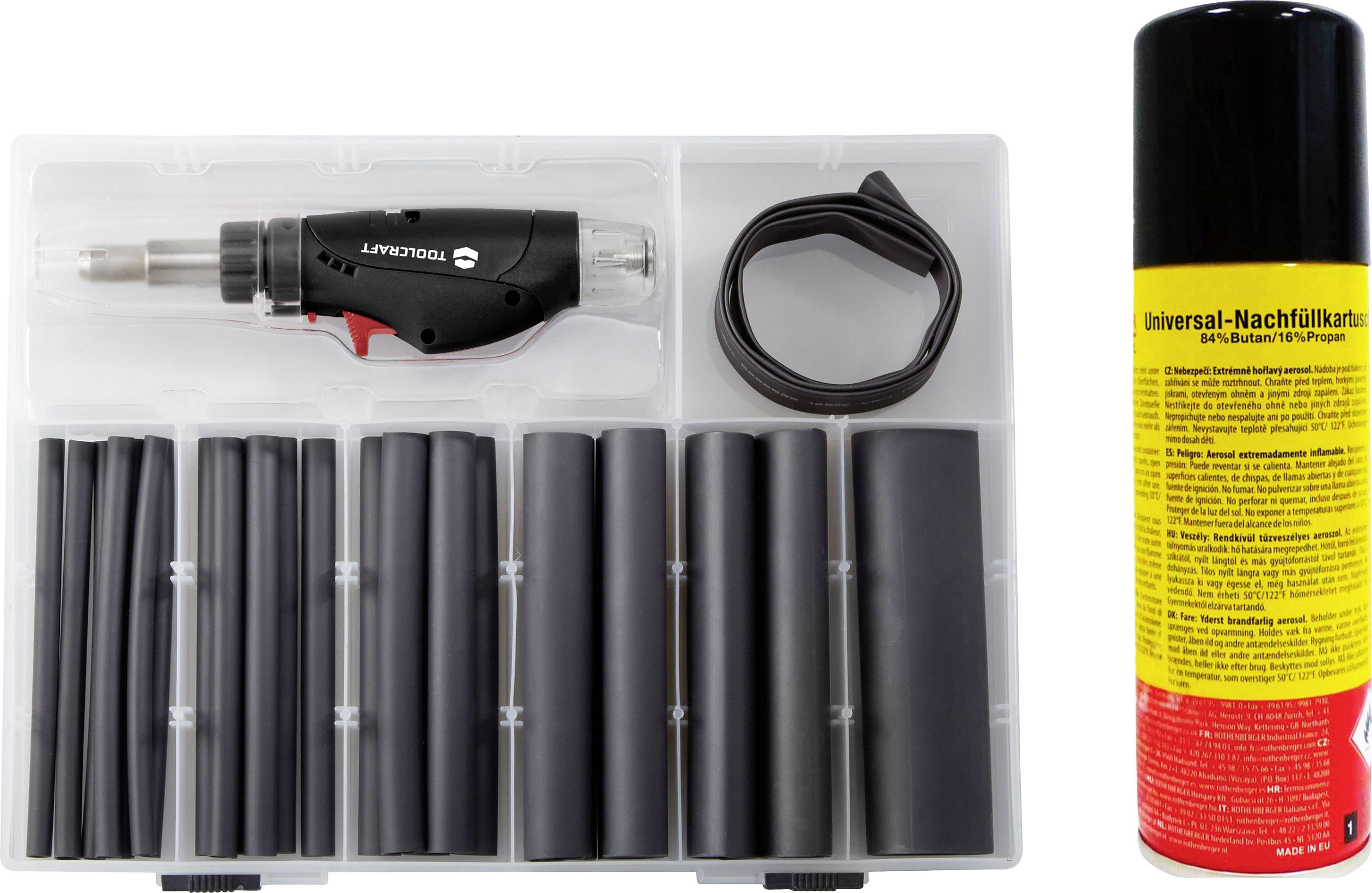 Ein Werkzeugset mit einem Lötkolben, Schrumpfschläuchen verschiedener Größen und einer Nachfüllkartusche für Butangas.