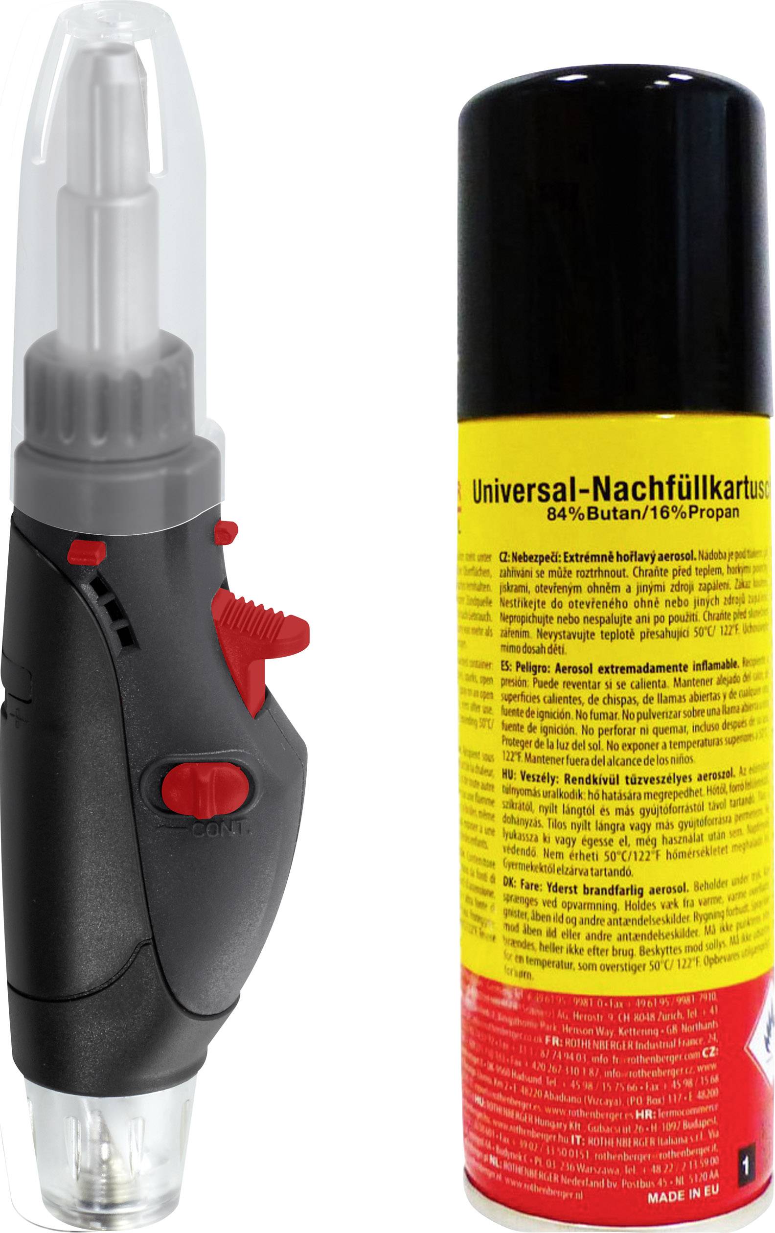 'Gasbrenner mit rotem Schalter' und 'Butan-Propan Nachfüllkartusche' mit gelbem Etikett und Sicherheitswarnungen.