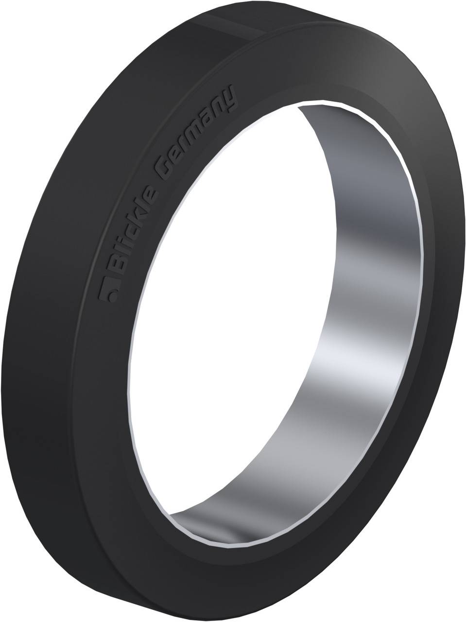 Ein schwarzer Ring mit einer glänzenden Innenseite und der Aufschrift 'Bricole Germany' auf der Außenfläche.